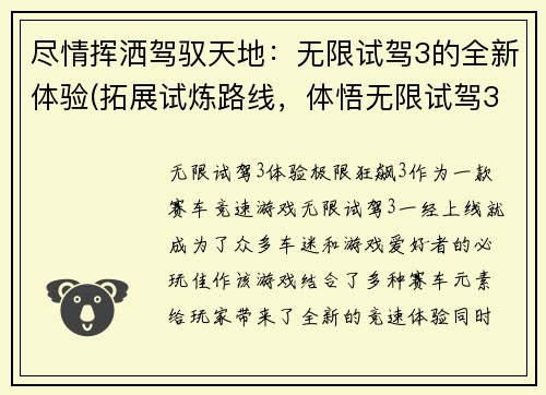 尽情挥洒驾驭天地：无限试驾3的全新体验(拓展试炼路线，体悟无限试驾3全新乐趣！)
